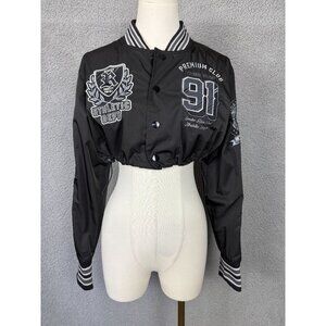 Smoke Rise Women's Black Cropped Bomber Jacket Embodied Patches Medium NWT's